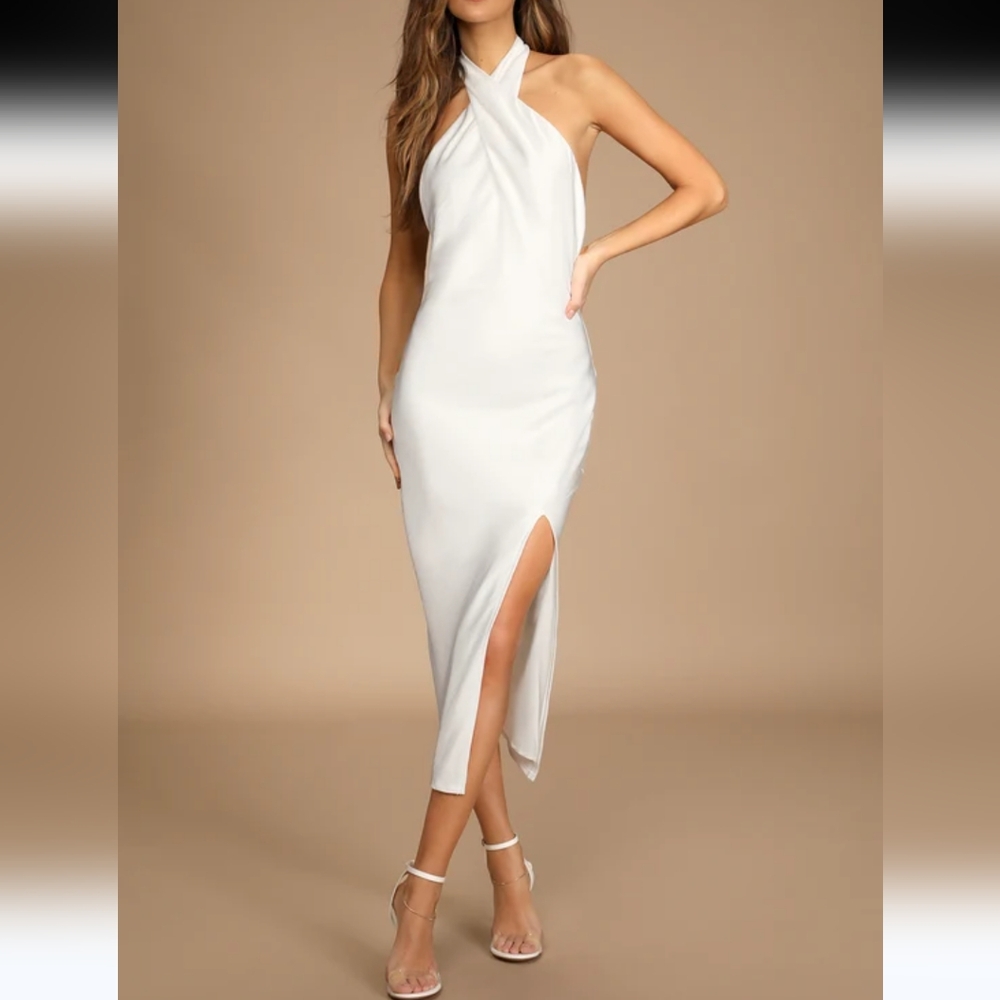 Lulu's White Halter Midi Dress with Side Slit